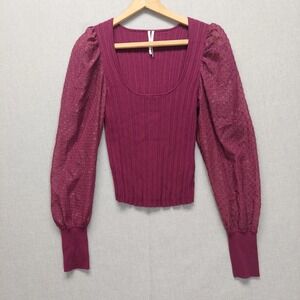 Anthropologie Burgandy Rib Knit Top S Puff Sleeve Coquette Semi Sheer Romantic‎